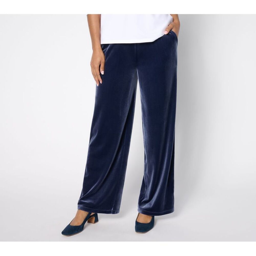 Denim & Co. Women's Petite Pants PL Knit Velvet Full Length Wide Leg Blue